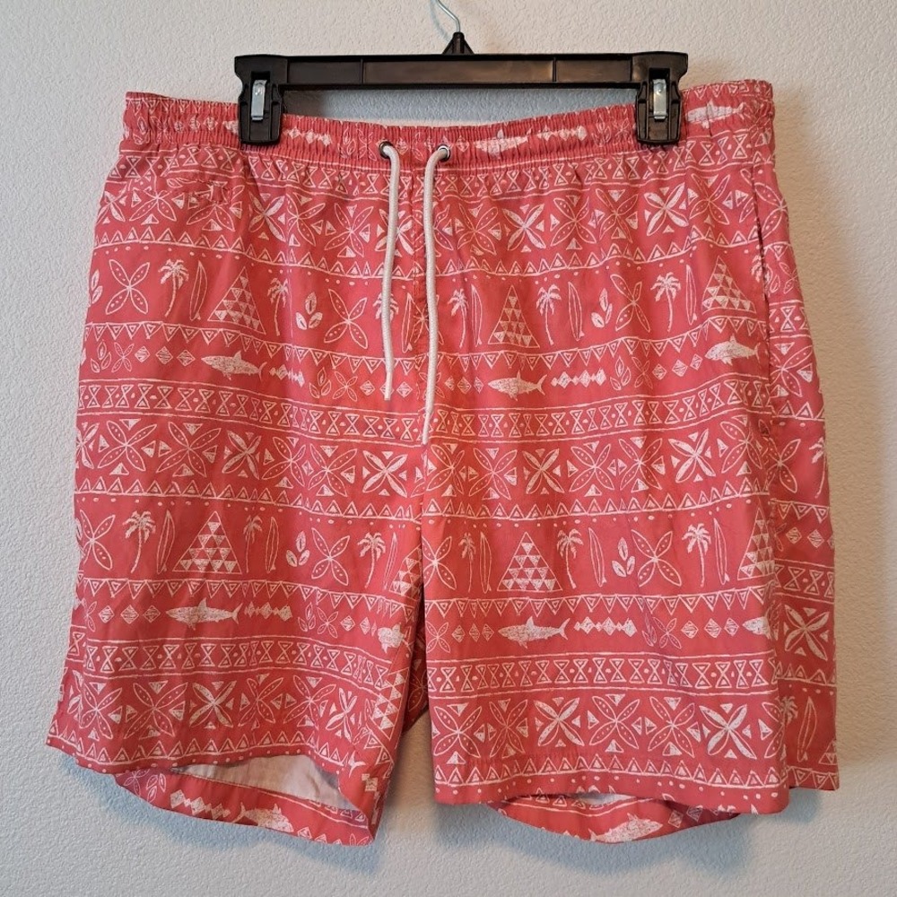 Trunks Surf & Swim Co Mens XL Coral Pink Tribal Shark Palm Tree Swim Trunks